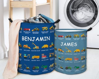 Personalized Waterproof Laundry Basket Construction Vehicle Design Custom Name Large Capacity Gift for Kids Who Love Construction Vehicles