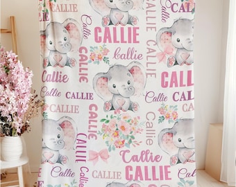 Personalized Pink Blue Floral Elephant Soft Throw Blanket Custom Name Shower Gift for Boys Girls Safari Nursery Decor