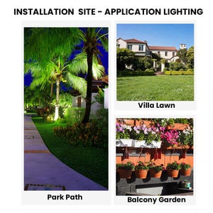 May include: Image showcasing outdoor lighting applications. Includes scenes of a park path, villa lawn, and balcony garden. The park path features palm trees illuminated at night. The villa lawn shows a house with a green lawn. The balcony garden displays hanging flower pots.