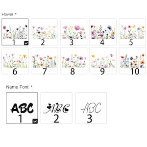May include: A selection of floral design options and font styles for personalization. The image displays ten different floral border designs, each with a unique arrangement of colorful wildflowers. Below, three font styles are shown for name customization.
