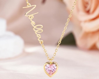 Personalized Heart Birthstone Pendant Necklace with Name Dainty Jewelry Birthday Anniversary Gift for Women Girls