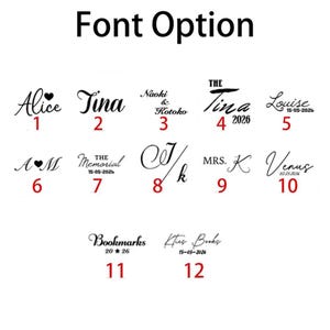 May include: A chart titled Font Option displaying twelve distinct black typographic styles numbered one through twelve. Each style features sample names, initials, or dates in various script and serif fonts, including examples like Alice, Tina, and J/k.