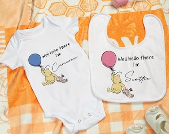 Personalized Well Hello There Classic Winnie the Pooh 100% Cotton Baby Bib Bodysuit Jumpsuit Custom Name Baby Shower Gift for Newborns