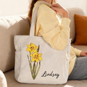 Personalized Birth Flower Corduroy Tote Bag - Large Capacity, Custom Name, Perfect Daily Use or Birthday Gift for Women Mother's Day Gift