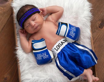 Personalized Leather Newborn Baby Boxing Gloves and Shorts Set Custom Embroidered Name Photo Props Birthday Sport Gift for Baby
