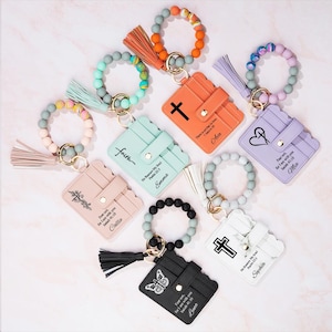 Personalized Leather Wristlet Keychain Wallet with Cross Tassel Beaded Bracelet Custom Name Custom Birthday/Baptism Gift for Christian Women