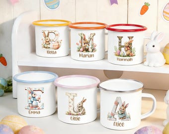 Personalized Cute Easter Egg Bunny Flower 12 oz Enamel Mug Custom Initial and Name Easter Party Gift for Kids