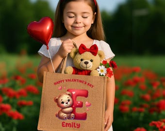 Personalisierte niedliche Bär Herz Jute-Einkaufstasche mit großer Kapazität Benutzerdefinierter Name und erste tägliche Verwendung Valentinstag Geschenk für Kinder Kinder