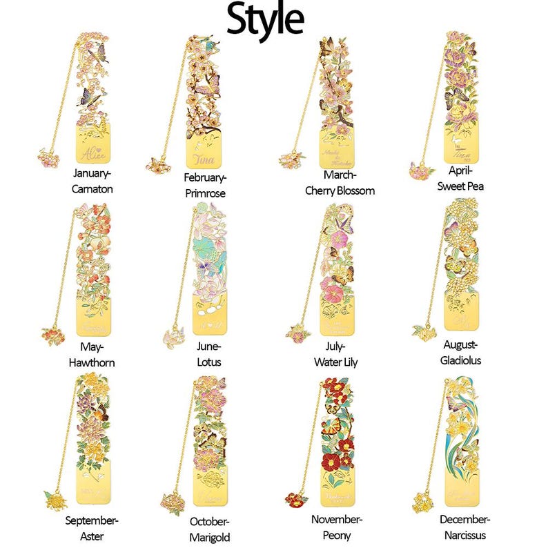 May include: A collection of twelve gold-toned metal bookmarks, each featuring intricate floral and butterfly cutouts with colorful enamel accents. Each bookmark includes a delicate gold chain with a small floral charm and text labels.