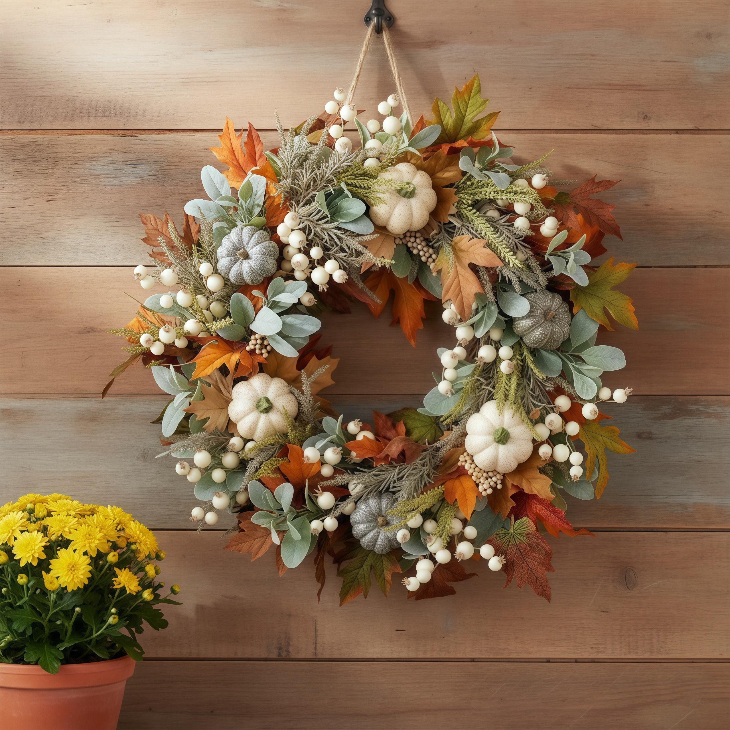 Herbstkranz Mit Weißen Kürbissen - 45cm Türdekoration Für Erntedank