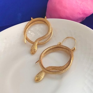 Gold Snake Hoop Earrings: Brass Ouroboros Serpent, Gothic Boho Jewelry