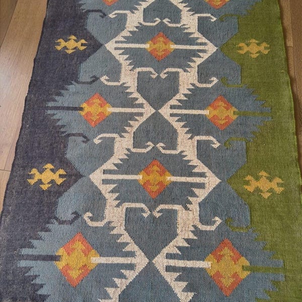 Handwoven Wool Jute Kilim Runner Rug,Modern Geometric Design  Dhurrie Rug,Vintage Southwestern Runner-Rug