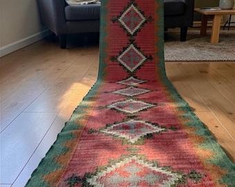 Handwoven Wool Jute Kilim Runner Rug,Modern Geometric Design  Dhurrie Rug,Vintage Southwestern Runner-Rug