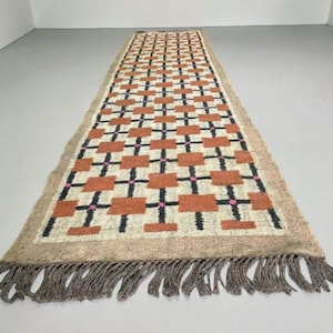 May include: A long, rectangular rug with a geometric pattern. The rug features a repeating design of orange rectangles, black crosses, and pink dots on a cream background. The rug has a tan border and fringe.