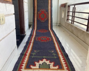 Handwoven Wool Jute Kilim Runner Rug,Modern Geometric Design  Dhurrie Rug,Vintage Southwestern Runner-Rug