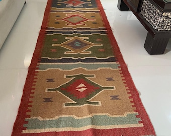 Handmade Wool Jute Kilim Runner Geometric  Rug,Stair Decor Runner,Traditional MultiColour Custom Size
