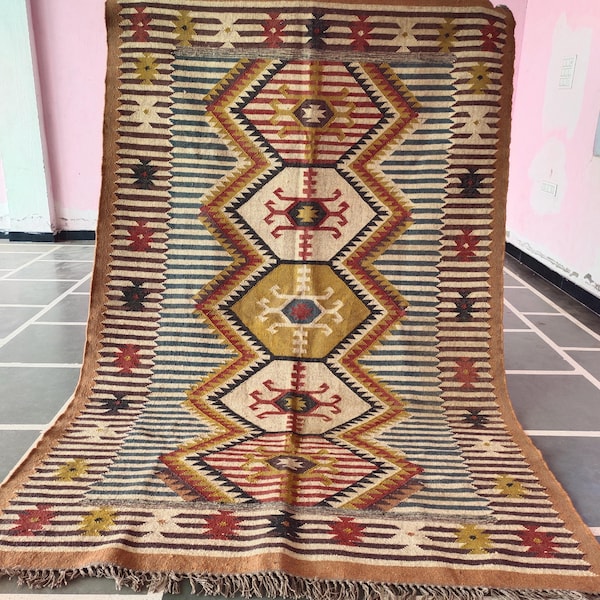 Handwoven Wool and Jute-Rug Handmade,Kilim Dhurrie Rug,Traditional Indian jute Area  Custom Size-Rugs