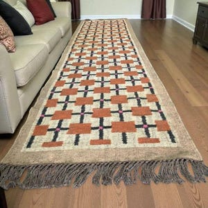 May include: A rectangular runner rug with a geometric pattern of orange squares, black crosses, and pink dots on a beige background. The rug has a tan border and fringe along the short ends. The rug is placed on a hardwood floor.