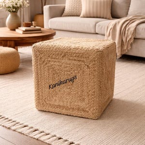Handwoven Jute Pouf Ottoman, Natural Fiber Cube Stool, Boho Floor Seating, Rustic Home Decor
