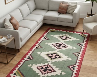 Handwoven Wool Jute Rug, Bohemian Kilim Style, 10x12 Custom Area Rug