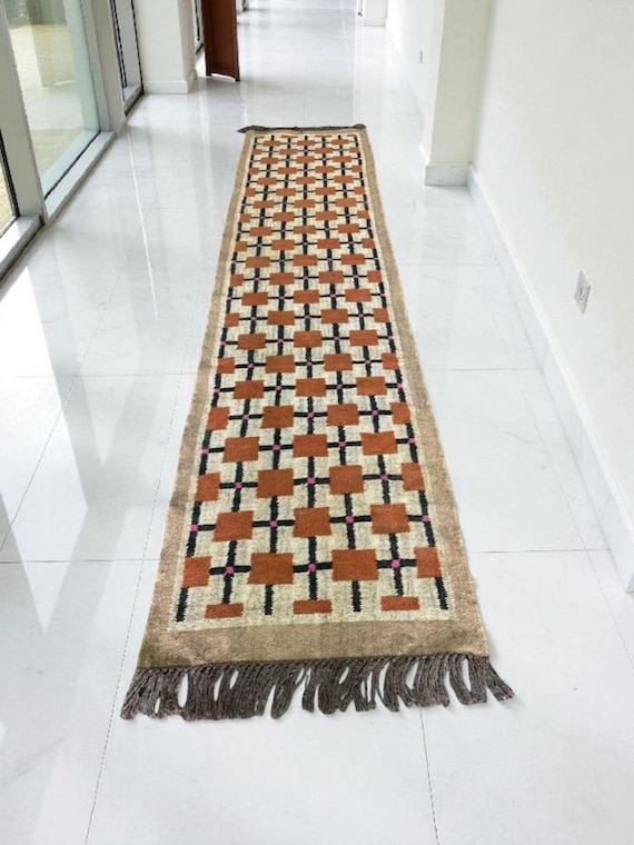 Handwoven Wool Jute Kilim Runner Rug,Modern Geometric Design  Dhurrie Rug,Vintage Southwestern Runner-Rug