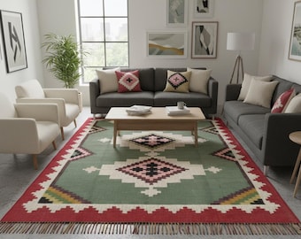 Handwoven Wool Jute Rug, Bohemian Kilim Style, 10x12 Custom Area Rug