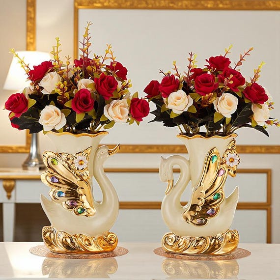 Gold Swan Vase, Ceramic Home Decor, Duo floral arrangement, Luxury Ornament, Romantic flower pot Gift, Crystal Accent Vase, house warming