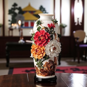 Puede incluir: Un jarrón de cerámica blanca con base negra, adornado con diseños florales tridimensionales rojos, naranjas y blancos. El jarrón tiene un borde dorado y detalles marrones, creando una estética decorativa y elegante.