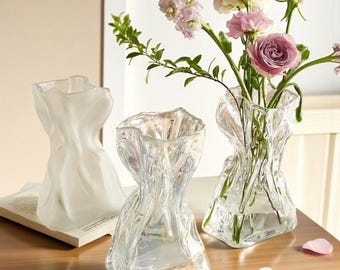 Folded Glass Vase, Modern Minimalist Home Decor, Unique Art Gift, flower pot, Frosted Floral Arrangement, Glazed Dining Table Ornament Gift