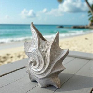 Puede incluir: Un jarr&oacute;n de cer&aacute;mica gris claro con forma de concha, con un dise&ntilde;o en espiral en la base y crestas texturizadas. El jarr&oacute;n est&aacute; sobre una superficie de madera gris, con una playa y el oc&eacute;ano al fondo.