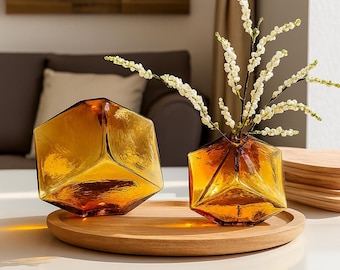 Jarrón cúbico de vidrio ámbar, decoración minimalista del hogar, maceta hidropónica, arreglo floral, regalo único de inauguración de la casa de estilo lujoso, sala de estar
