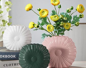 Jarrón de concha ondulada, maceta de plástico negra, decoración minimalista moderna blanca, arreglo floral rosa, regalo de cumpleaños verde para su habitación.