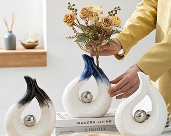 Jarrón de cerámica blanca, regalo de decoración moderna hecho a mano para el hogar, adorno de ola del océano, maceta azul y negra, decoración abstracta minimalista, ideal para inauguración de casa.