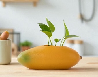 Vase en céramique de mangue, petit pot de fleurs de fruits jaunes, décoration unique de style tropical, composition florale, cadeau pour la cuisine ou le salon