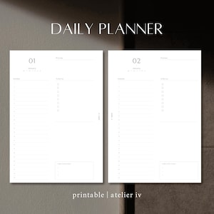 May include: A minimalist daily planner with two facing pages. The left page is labeled "01" and the right page is labeled "02". Each page has sections for scheduling and to-do lists. The text "DAILY PLANNER" is at the top.