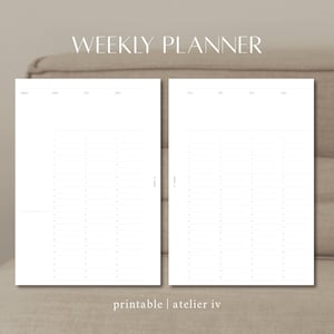 May include: A minimalist weekly planner design with a clean, white layout. The planner features a grid format for daily scheduling, with the text "WEEKLY PLANNER" at the top. The design includes the text "printable | atelier iv" at the bottom, and "A5" and "PDF DL" icons.
