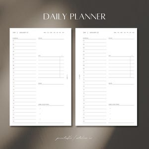 May include: Two white daily planner pages with black text and lines. Each page features a schedule from 06 to 24, a focus section, a to-do list, notes, and a three good things section. The text DAILY PLANNER, FCC, and PDF DL are visible.