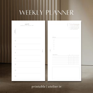 May include: A minimalist weekly planner with two facing pages. The left page has a vertical layout with numbered lines, while the right page includes a calendar, to-do list, and habit tracker. The text "WEEKLY PLANNER" is at the top.