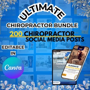 Op de afbeelding: Een digitale marketingbundel voor chiropractors, met de tekst "ULTIMATE CHIROPRACTOR BUNDLE" en "200 CHIROPRACTOR SOCIAL MEDIA POSTS". De afbeelding bevat een tablet en telefoon met social media posts, met het Canva logo.