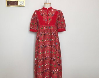 Vintage 70s Red Dress with Novelty Print