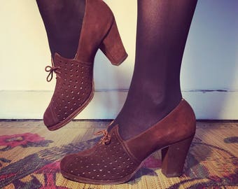 Vintage 30s 40s Brown Suede Oxford Shoes