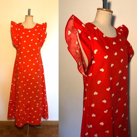 Vintage 1970s Pinafore Maxi Dress with Heart Print