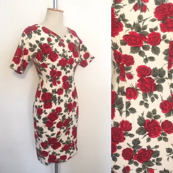 Vintage 50s Rose Print Wiggle Dress