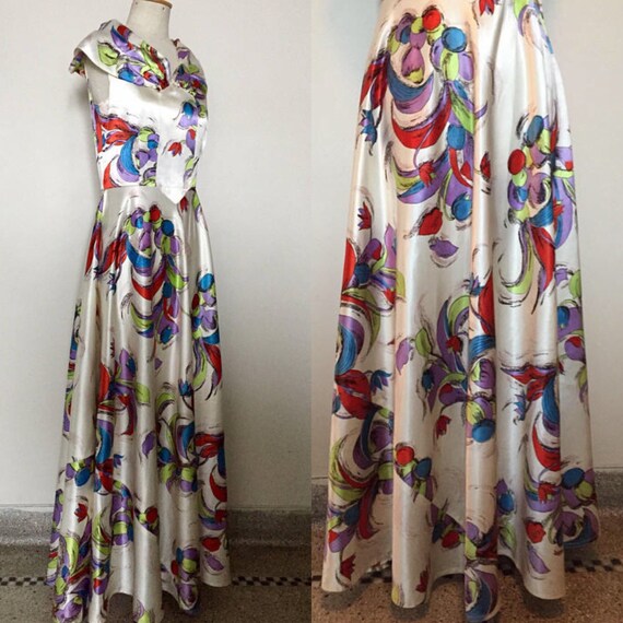 Vintage 30s Satin Gown with Novelty Print