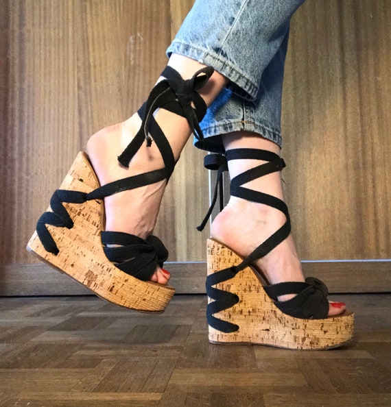 Rare Vintage 1970s Cork Platforms Wedge Sandals