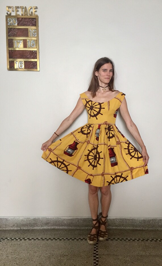 Vintage 50s Mustard Novelty Print Dress XS