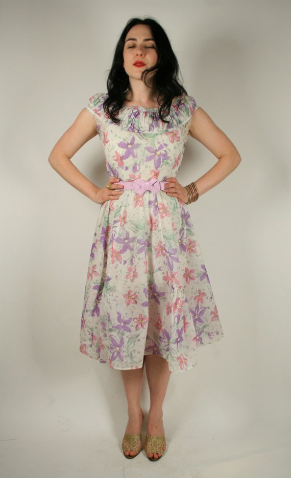 Vintage 50s white sheer full skirt floral dress