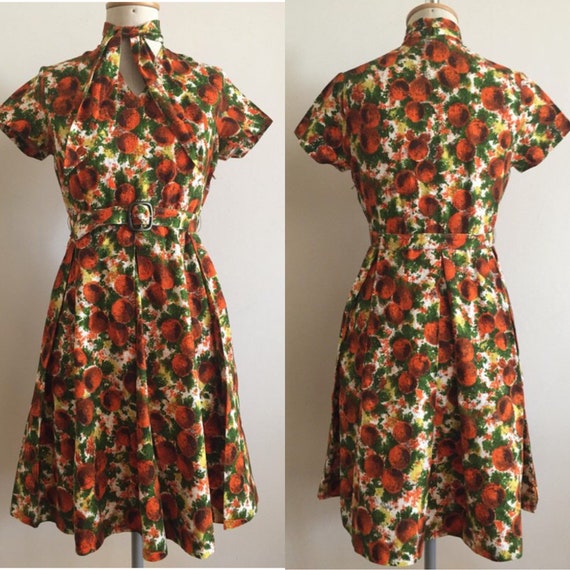 Vintage 50s Novelty Print Orange Dress