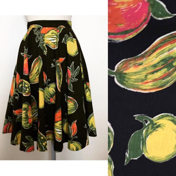 Vintage 50s Black Novelty Fruit Print Skirt