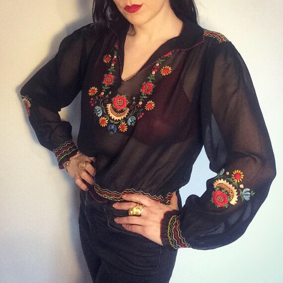 Vintage 40s 50s Embroidered Black Hungarian Blouse